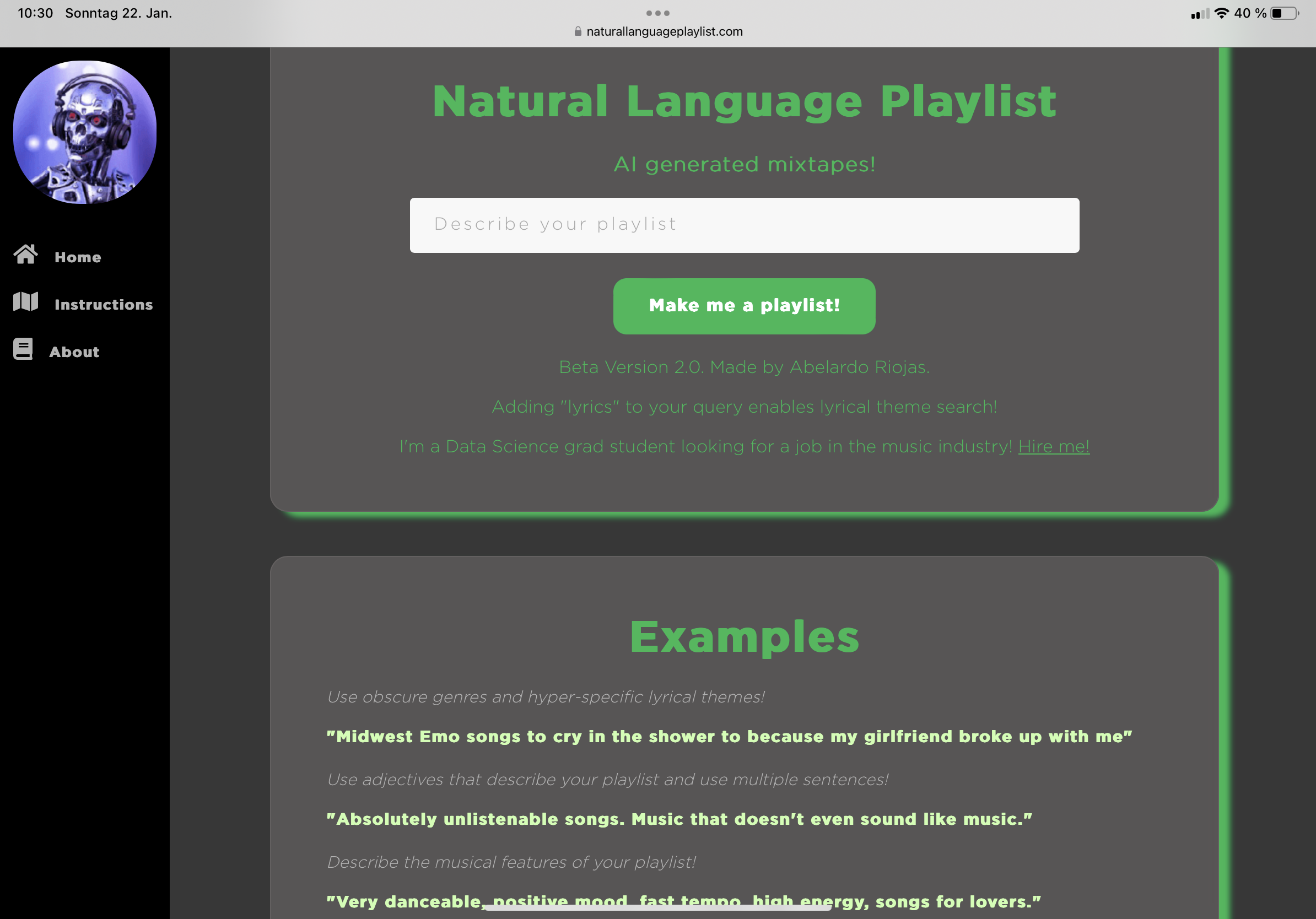 Ein Screenshot der Webseite Natural Language Playlist