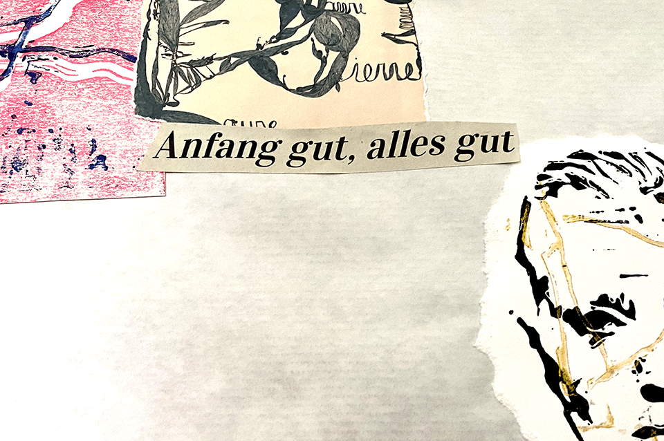 Metallbox mit ausgeschnittenen Fragmenten / Collage auf Board 