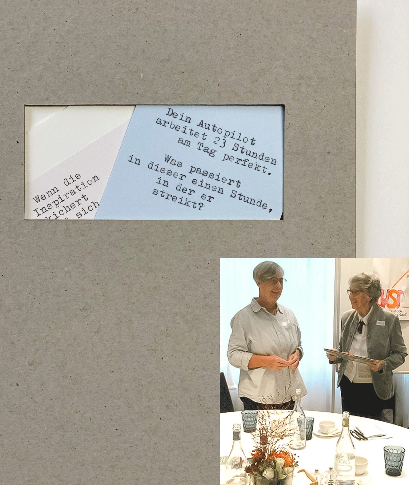 Fotocollage aus Materialien sowie einer Aufnahme bei der Übergabe eines Präsents